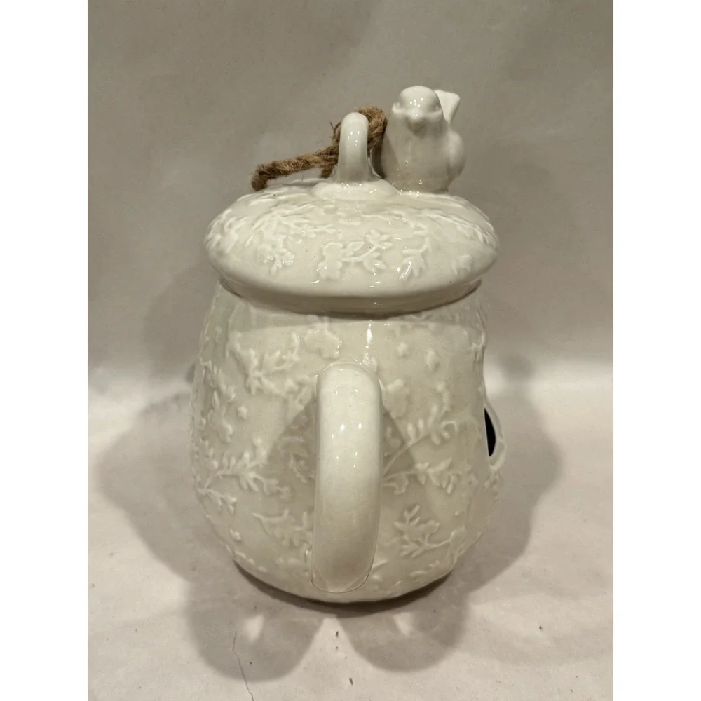 Vintage Hanging Ceramic Pottery‎ Tea Pot Birdhouse White Cream Color 7.5